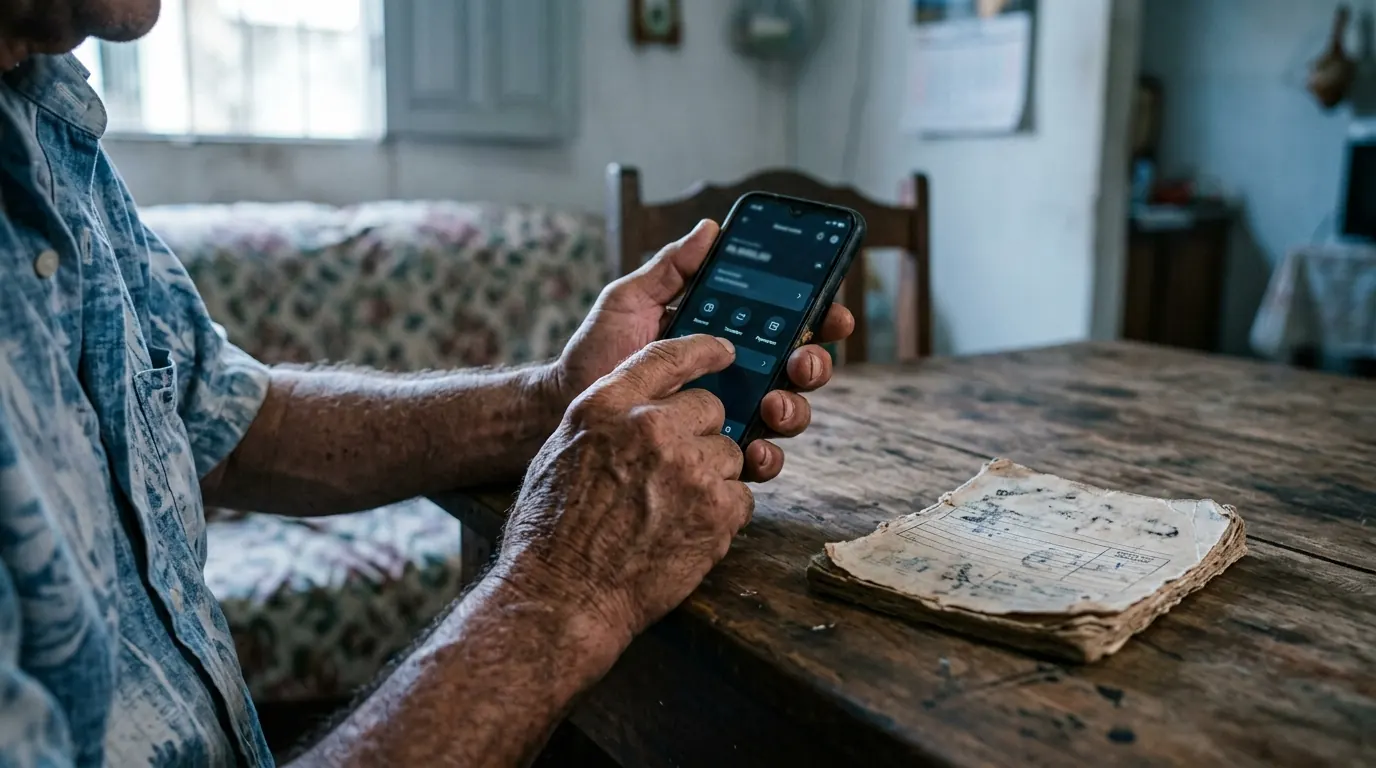 Mãos segurando um celular ao lado de um carnê antigo de consórcio