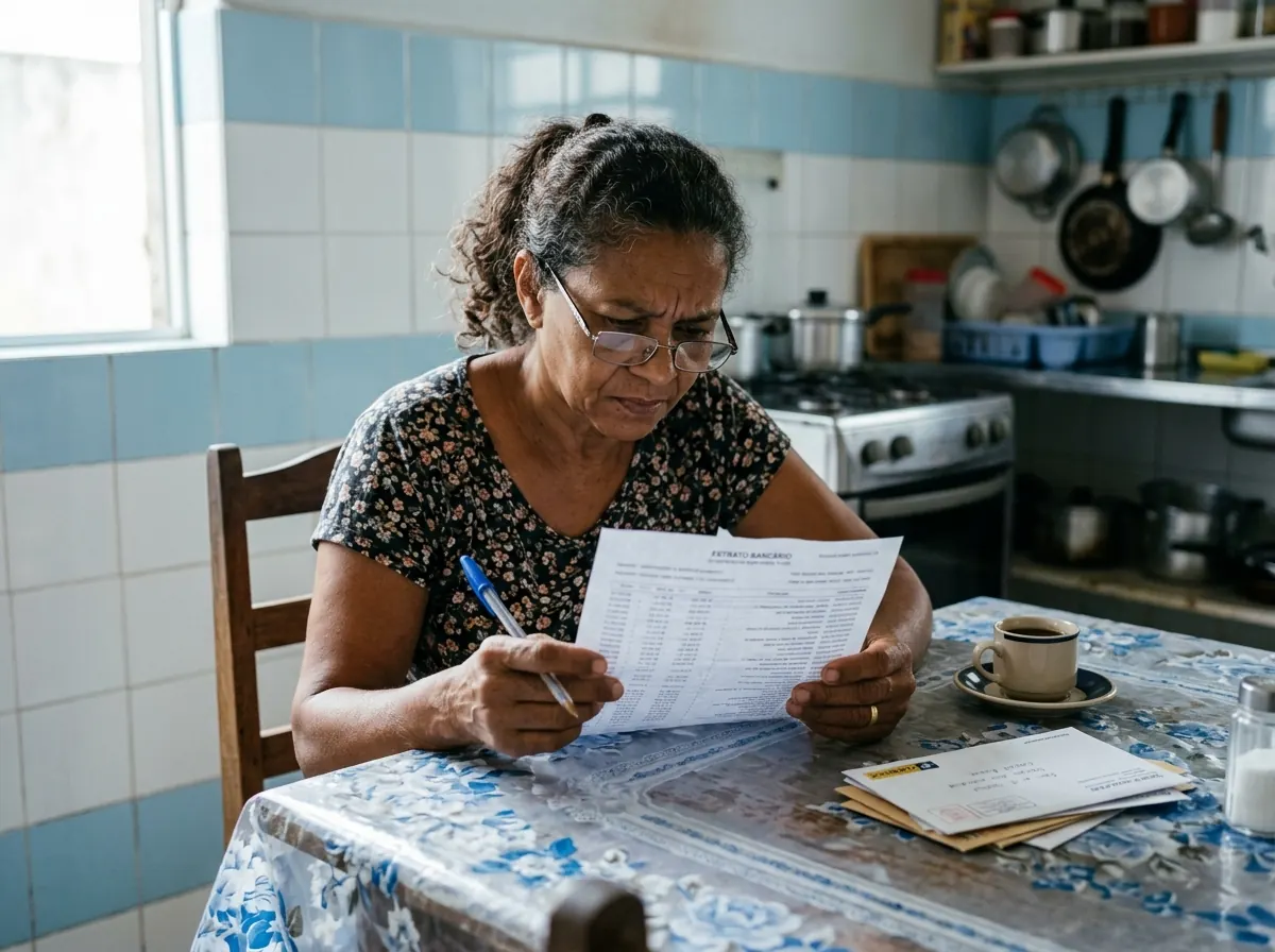 Mulher lendo o extrato da devolução do consórcio na mesa da cozinha